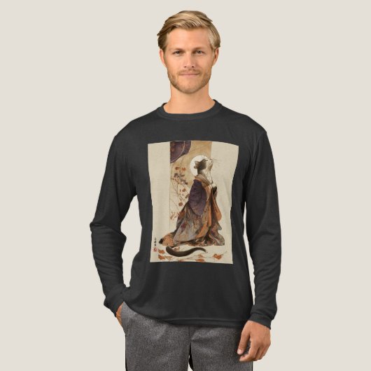 "Autumn Reverie" Japanese Cat in Kimono Art トライブレンドＴシャツ (正面全体)