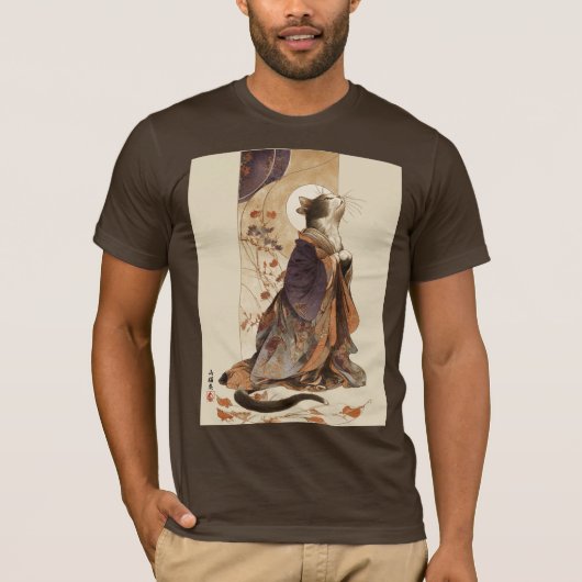 "Autumn Reverie" Japanese Cat in Kimono Art Tシャツ (正面)