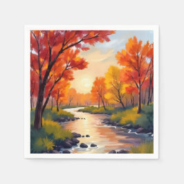 Autumn River | 秋の紅葉の自然の水彩画 スタンダードカクテルナプキン