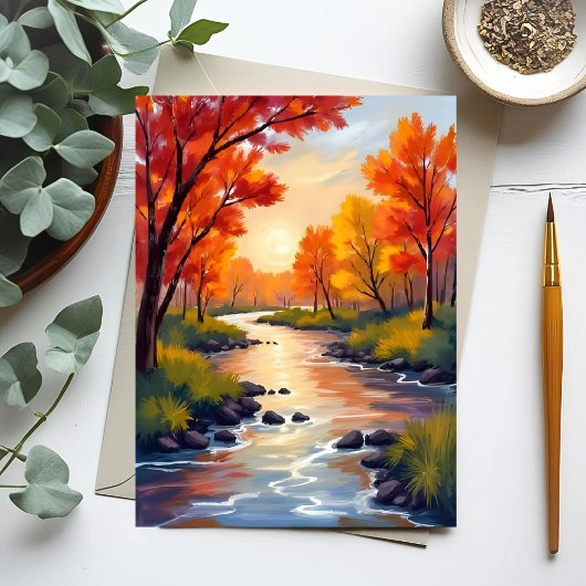 Autumn River | 秋の紅葉の自然ウォーターカラー ポストカード