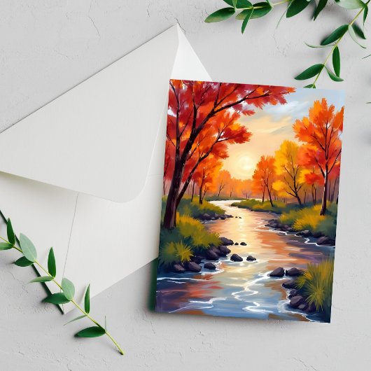 Autumn River | 秋の紅葉の自然水彩カード