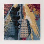 Autumn Riverside European City Illustration Art ジグソーパズル (横)