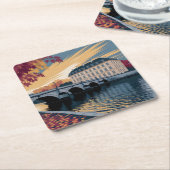 Autumn Riverside European City Illustration Art スクエアペーパーコースター (アングル)