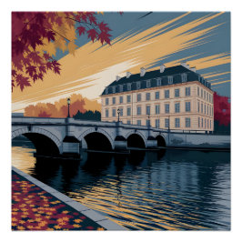 Autumn Riverside European City Illustration Art ポスター