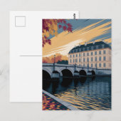 Autumn Riverside European City Illustration Art ポストカード (正面/裏面)