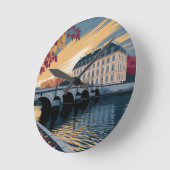 Autumn Riverside European City Illustration Art ラウンド壁時計 (傾斜)