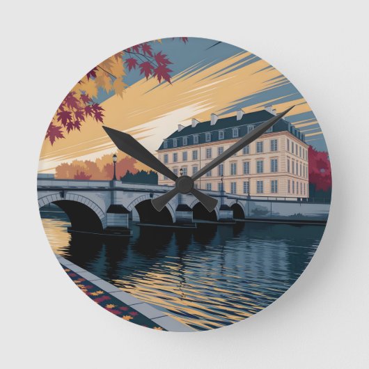 Autumn Riverside European City Illustration Art ラウンド壁時計 (正面)