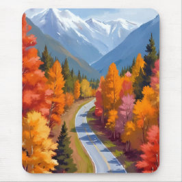 Autumn Road | Fall Foliage Watercolor Nature マウスパッド