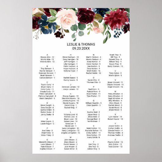 Autumn Rustic Burgundy Alphabetical Seating Chart ポスター (正面)