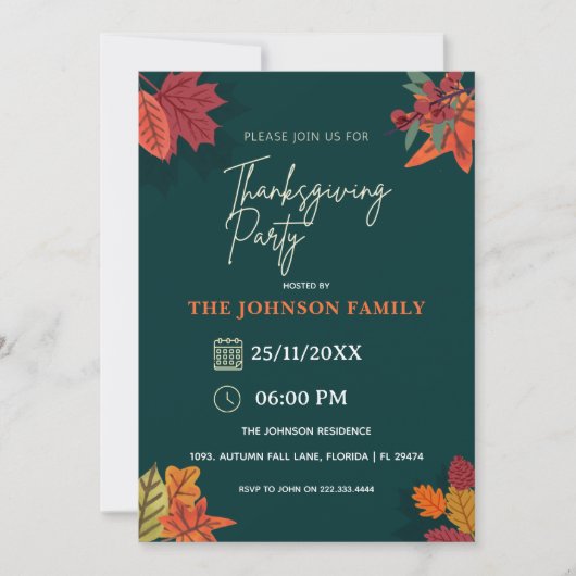 Autumn Rustic Floral Thanksgiving Dinner Party 招待状 (正面)