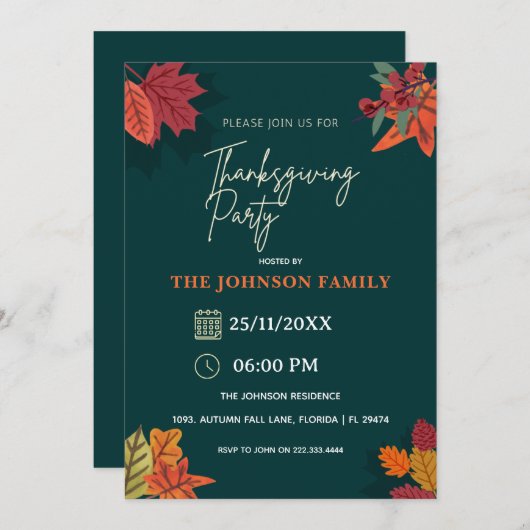 Autumn Rustic Floral Thanksgiving Dinner Party 招待状 (正面/裏面)