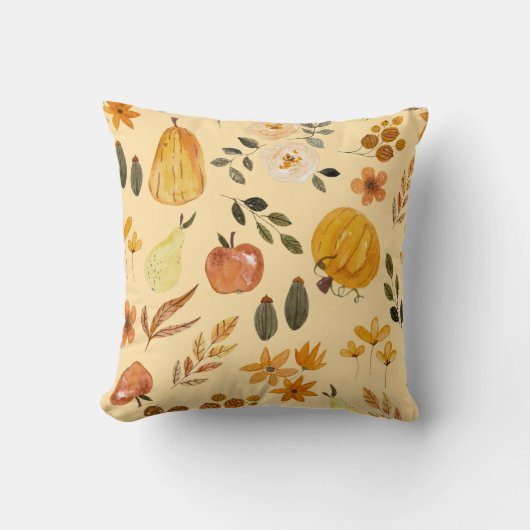Autumn Seamless Pattern Pumpkin & Fall Leaves クッション (正面)