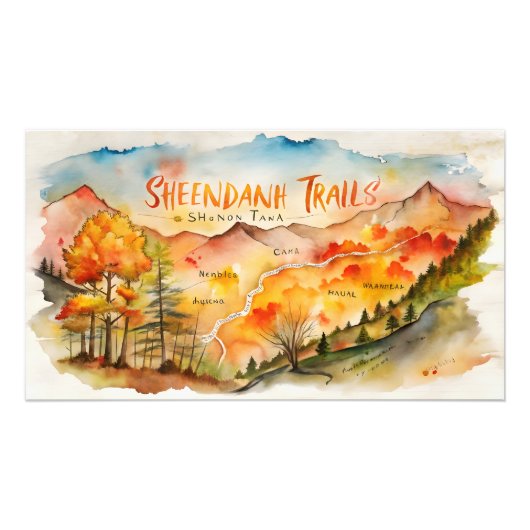Autumn Shenandoah Trails Map – Watercolor Wall Art フォトプリント (正面)