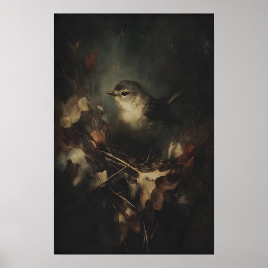 Autumn Small Wren Bird Art Printable Moody ポスター (正面)