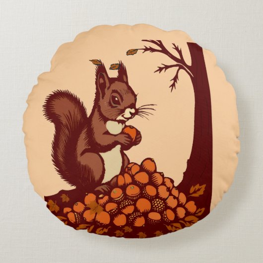 🐿️ Autumn Squirrel Round Pillow - Peach ラウンドクッション (正面)