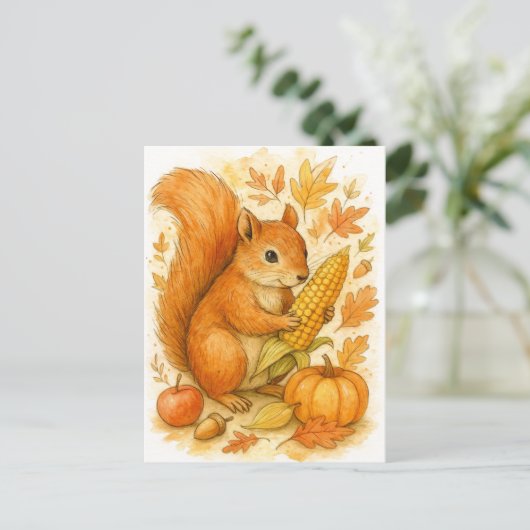 Autumn Squirrel with Corn Thanksgiving Postcard シーズンポストカード (スタンド正面)
