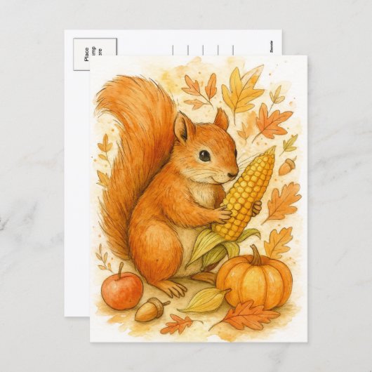 Autumn Squirrel with Corn Thanksgiving Postcard シーズンポストカード (正面/裏面)