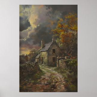 Autumn Stone Cottage Art, Rustic Cottagecore Decor ポスター