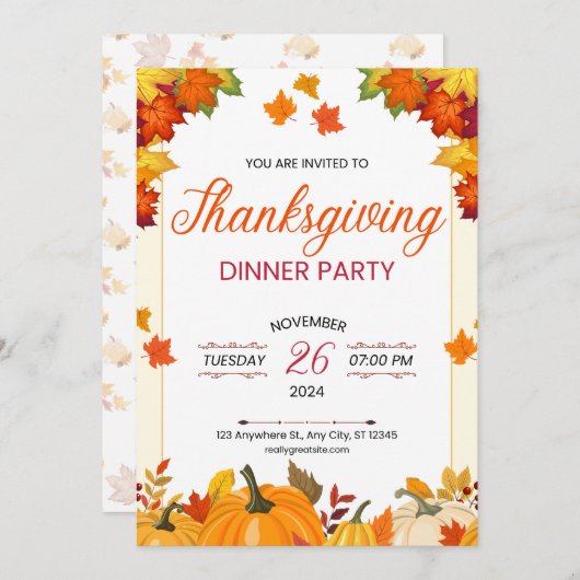 Autumn Thanksgiving Dinner Party Art 招待状 (正面/裏面)