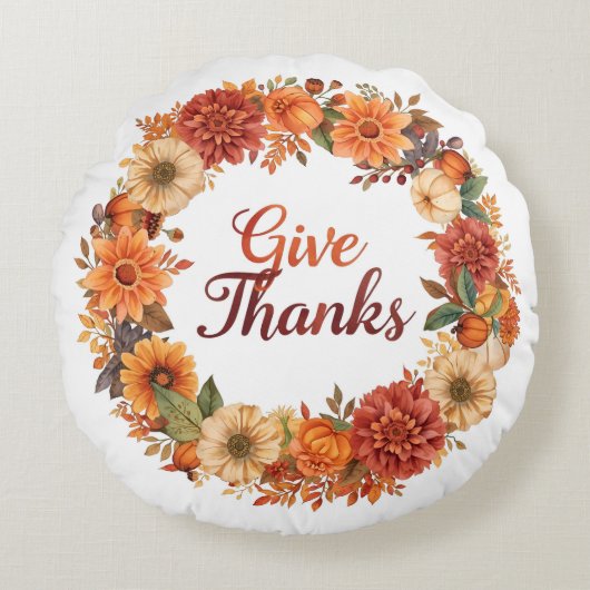 Autumn Thanksgiving Pumpkin and flowers  ラウンドクッション (正面)