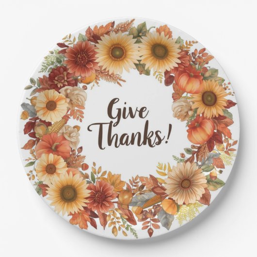 Autumn themed thanksgiving with flowers  pumpkins ペーパープレート (正面)