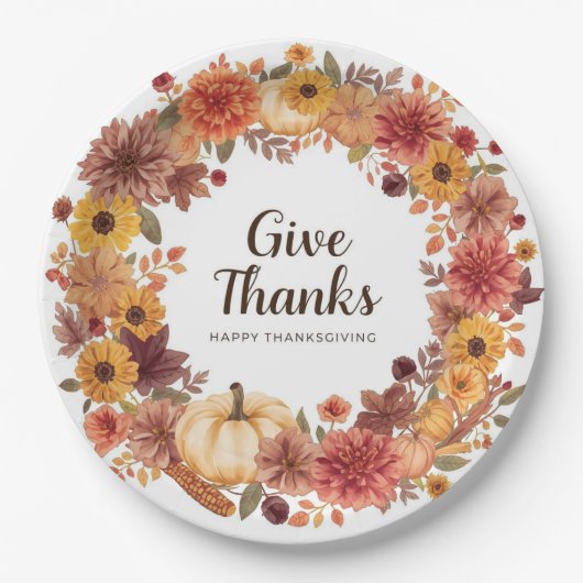 Autumn themed thanksgiving with flowers pumpkins ペーパープレート (正面)