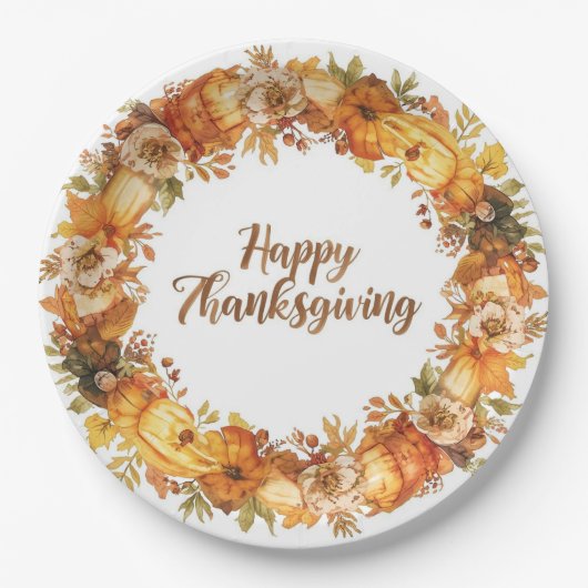 Autumn themed thanksgiving with flowers  pumpkins ペーパープレート (正面)