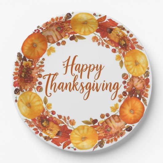 Autumn themed thanksgiving with flowers  pumpkins ペーパープレート (正面)