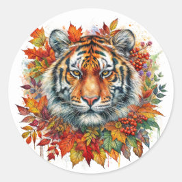 Autumn Tiger Face Among Fall Leaves ラウンドシール