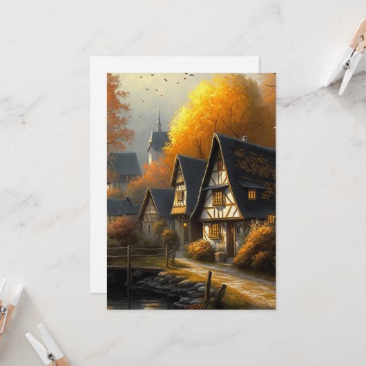 Autumn Tudor Style Home Waterside Path Hello Flat カード (正面/裏面インサイチュ)