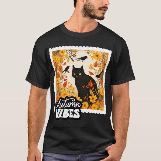 Autumn Vibes Black Cat Sunflowers and Fall Birds Tシャツ (正面)