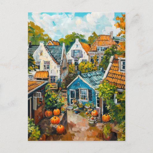 Autumn Village with Pumpkins and Cottages Painting ポストカード (正面)