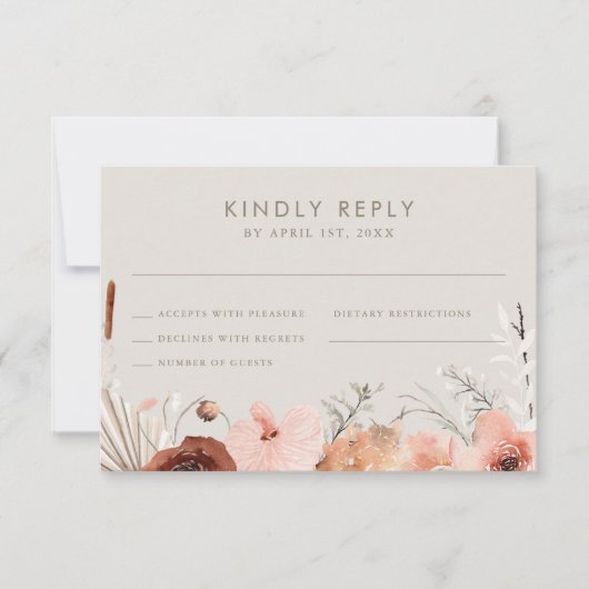 Autumn Watercolor Boho Floral Wedding 出欠カード (正面)