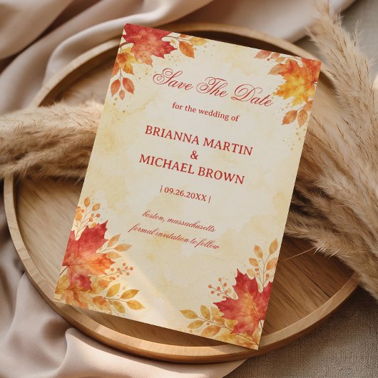 Autumn Watercolor Leaves Elegant セーブザデート