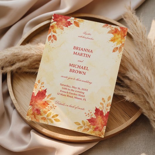 Autumn Watercolor Leaves Warm 招待状