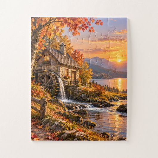 Autumn Watermill Sunset Jigsaw Puzzle ジグソーパズル (縦)