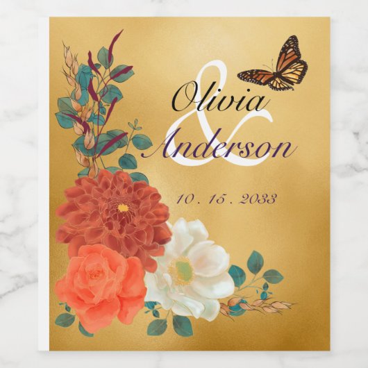 Autumn Wedding Floral Butterfly Beverage Label Set ワインラベル (シングルラベル)