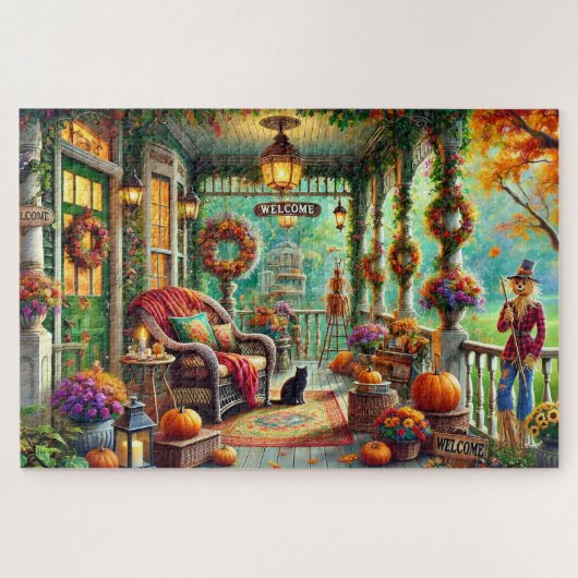 Autumn Welcome Victorian Porch Retreat Pumpkins ジグソーパズル (横)