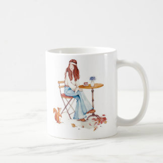 Autumn Whimsy – Girl, Coffee & Curious Squirrel Mu コーヒーマグカップ