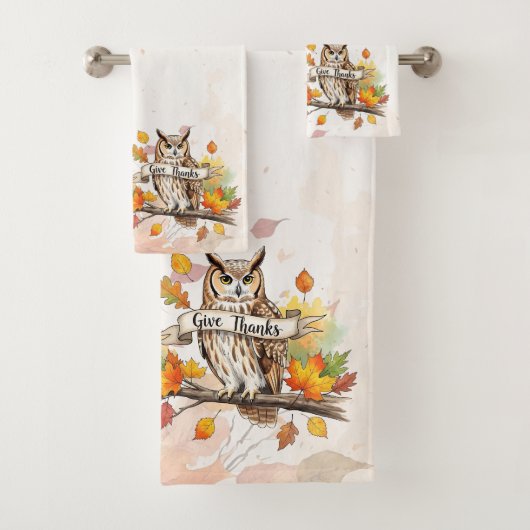 Autumn Whimsy – Thanksgiving Owl with Fall Leaves  バスタオルセット (インサイチュ)