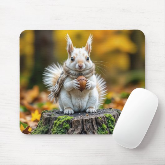 Autumn White Squirrel On a Tree Stump マウスパッド (マウス)