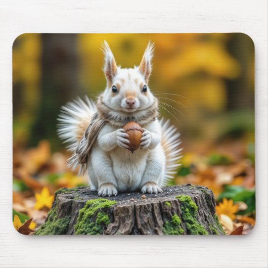 Autumn White Squirrel On a Tree Stump マウスパッド (正面)