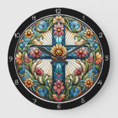 Autumnal Floral Stained Glass Cross  ラージ壁時計 (正面)