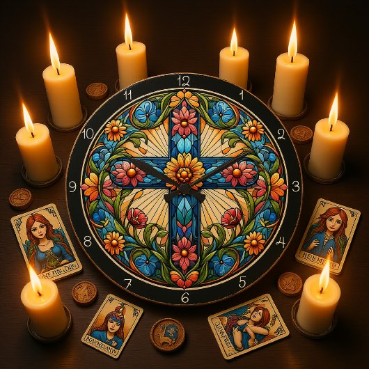 Autumnal Floral Stained Glass Cross  ラージ壁時計