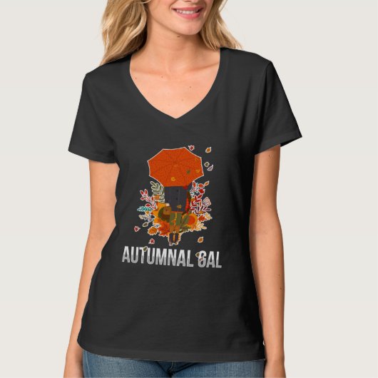 Autumnal Gal Fall Girl with Umbrella Tシャツ (正面)