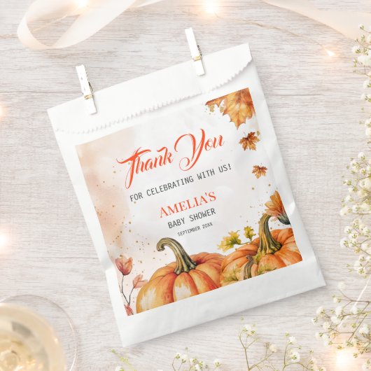 Autumnal Watercolor Thank You Pumpkin Baby Shower フェイバーバッグ (クリップ留めされた状態)