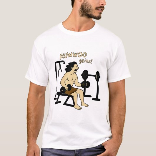 AUWWOO Gains Funny Caveman Gym Design – Fitness Hu Tシャツ (正面)