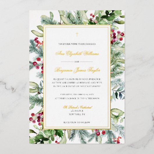 Avaカソリッ実在クフォイル結婚式招待状&RSVP F 箔招待状 (正面)