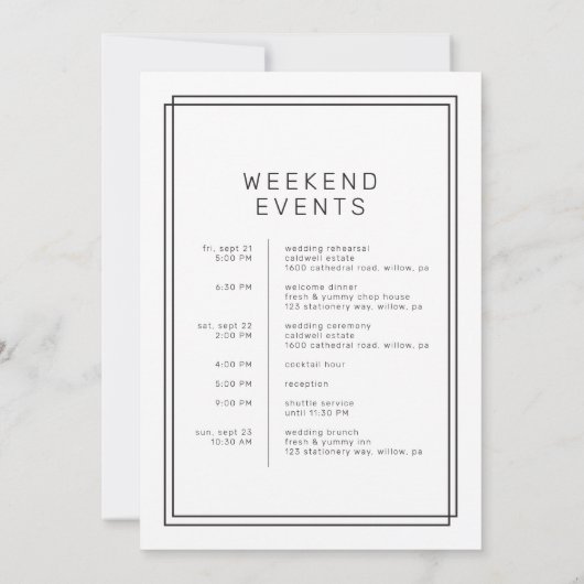 AVERYのモダン結婚週末の旅程テンプレート 招待状 (裏面)