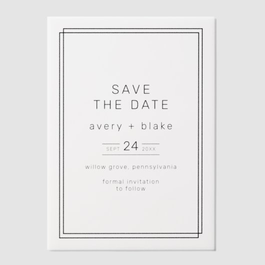 AVERYミニマモダンリストの結婚式の日付を保存 ベラム紙招待状 (正面)